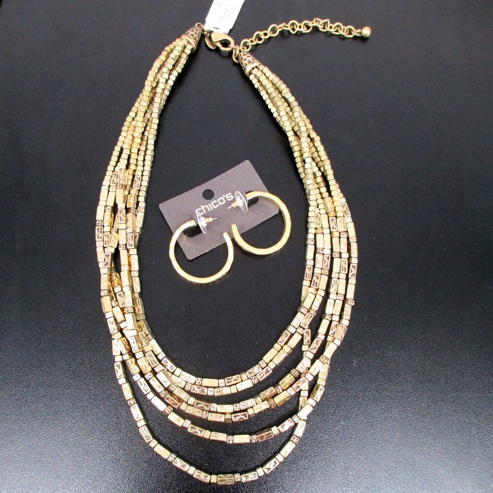 NWT Chicos Hammered Gold Tone Beaded Multi Strand Layered Necklace Hoop Earrings